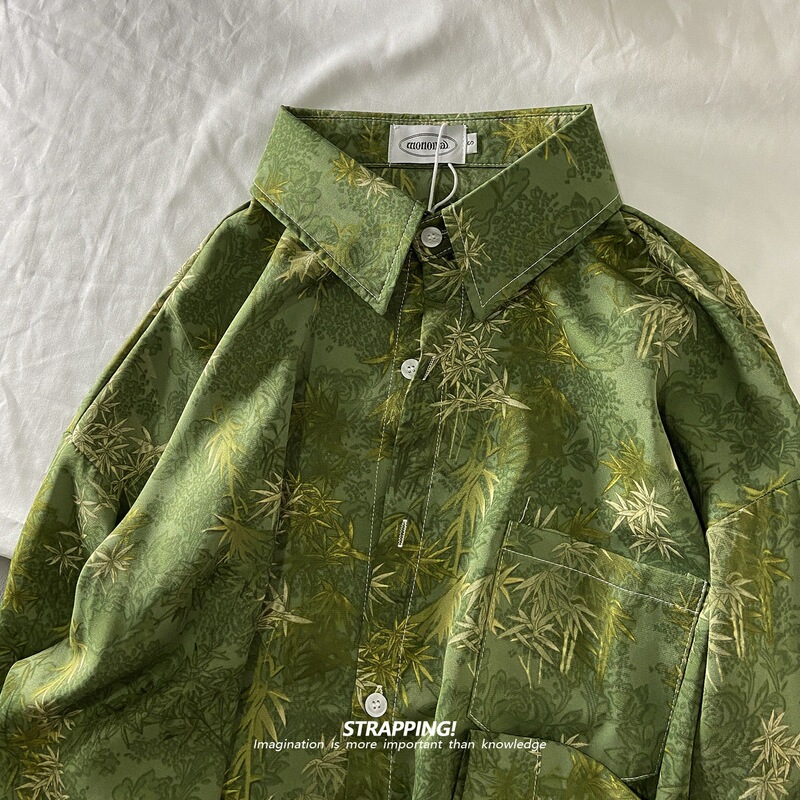 Dropshipping Stylish Spring and Autumn Green Floral Long-Sleeve Shirt with Bamboo Forest Print, Hong Kong Style Retro Japanese Style for Men and Women Dropshipping Stylish Spring and Autumn Green Floral Long-Sleeve Shirt with Bamboo Forest Print, Hong Kong Style Retro Japanese Style for Men and Women