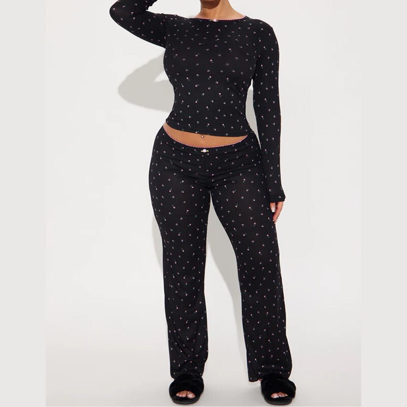 European and American Spring 2025 Cross-border Amazon Women's Casual Cute Flower Crewneck Long Sleeve Home Comfortable Pants suit
