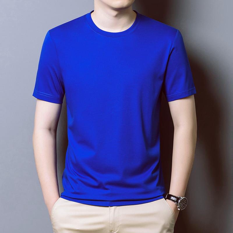 Summer high-end mercerized cotton men's short-sleeved T-shirt, Klein blue, middle-aged father's casual round neck ice silk top