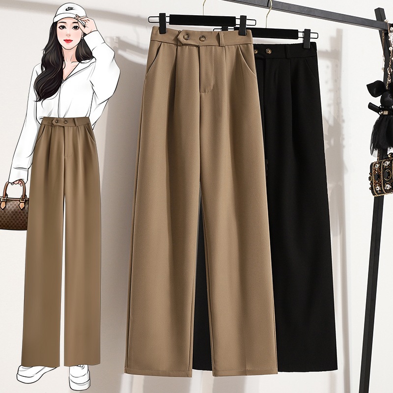 Real shot of women's long wide-leg floor-length pants for autumn and winter, black drapey suit pants, Korean style, plus size, loose, slimming, straight-leg pants