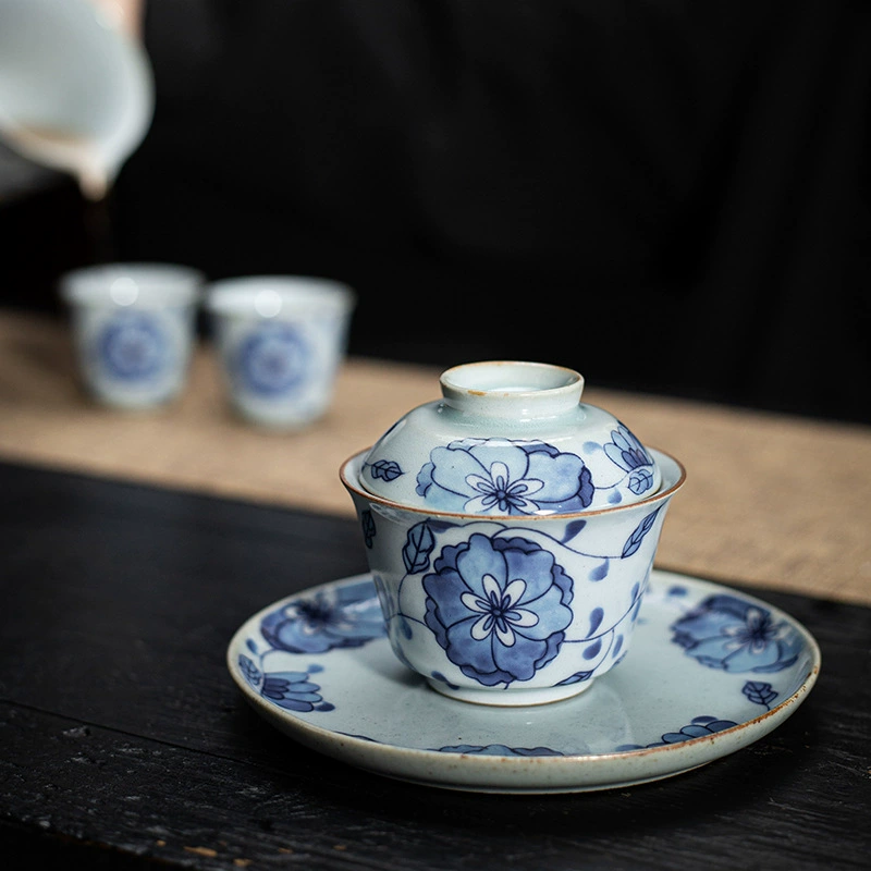 Retro blue and white ceramic tea set, tea cup, gift box in gift box