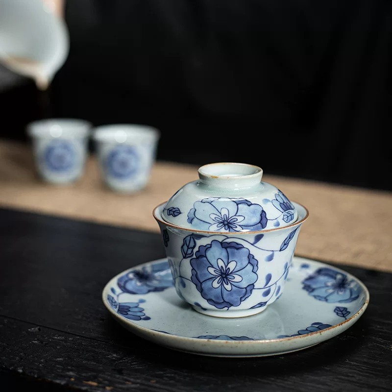 Retro blue and white ceramic tea set, tea cup, gift box in gift box