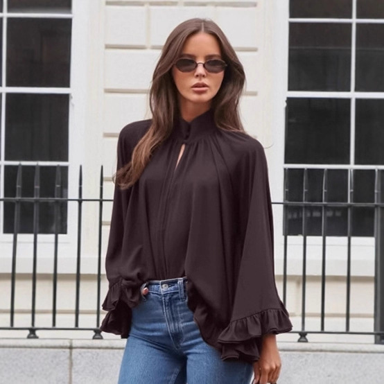 Fashionable and Elegant Stand Collar Ruffle Top for Women 2025 Autumn Cross-Border Retro Brown Loose Lace Blouse