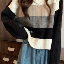 秋冬套头新款条纹慵懒风短款针织上衣时尚洋气宽松毛衣女灰色袖子