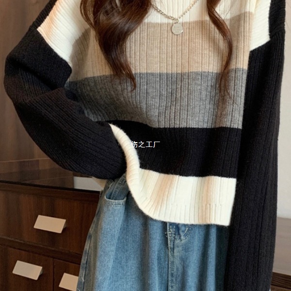 秋冬套头新款条纹慵懒风短款针织上衣时尚洋气宽松毛衣女灰色袖子