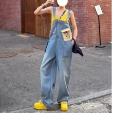 美式印花卡通牛仔背带裤女夏季2025韩版减龄百搭直筒连体裤