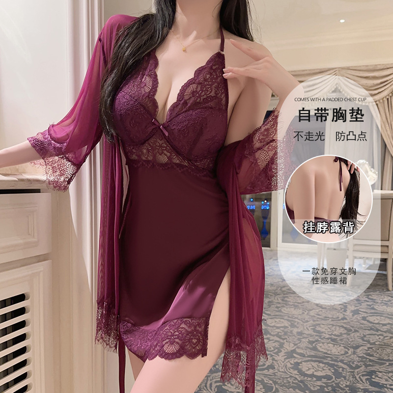 Rose Passion Hot Backless Ice Silk Pajamas Sexy Deep V Pure Desire Plus Breast Pad Nightgown Outer Robe Women's Suit 5052 Rose Passion Hot Backless Ice Silk Pajamas Sexy Deep V Pure Desire Plus Breast Pad Nightgown Outer Robe Women's Suit 5052