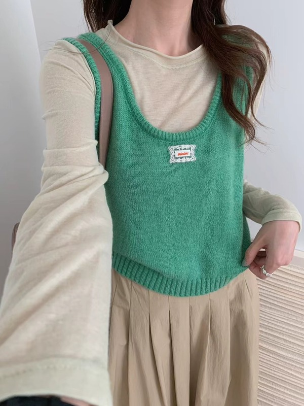 秋季绿色u领蕾丝标针织吊带背心马甲女外搭叠穿韩系坎肩无袖上衣|undefined