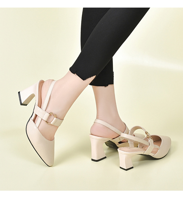 Sandal nữ da thật mũi nhọn gót vuông 5 cm, hở gót, phong cách mùa hè — Đen 5cm chi tiết 9