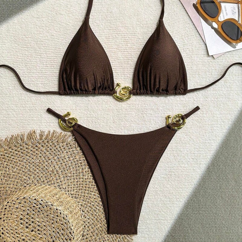 2025 new nylon glossy European and American bikini women sexy split swimsuit solid color design bikini women