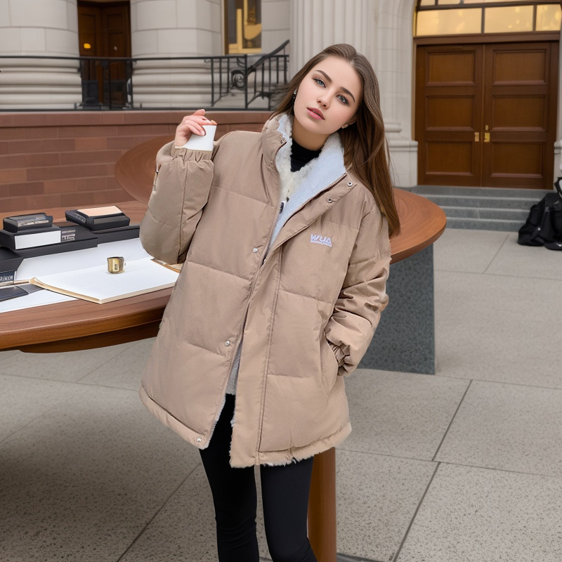 Women's cotton-padded jacket short front and back stand collar plus cashmere lamb wool warm coat._voghion.com