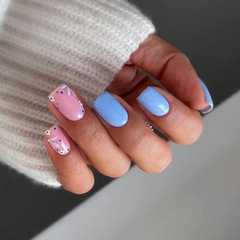 Blue and white fresh and versatile beauty nails summer new cute flower gentle minimalist European square medium and long wearable nails