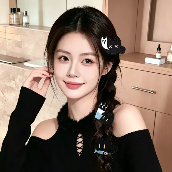 Little Black Cat Worker Bangs Sticker Cute Girl Seamless Magic Sticker Hair Tidy-Up Tool Funny Versatile Hair Accessory