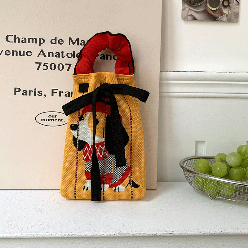 Bolsa de punto, oreja de madera, diseño de nicho, bolso con cordón de dibujos animados, bolso de mensajero portátil de todo fósforo, bolso de teléfono móvil