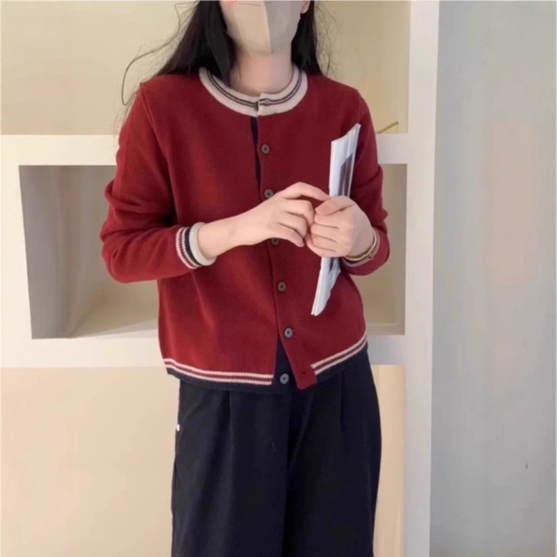 日韩宽松休闲学院风针织开衫秋冬新款圆领小个子撞色软糯毛衣外套|undefined