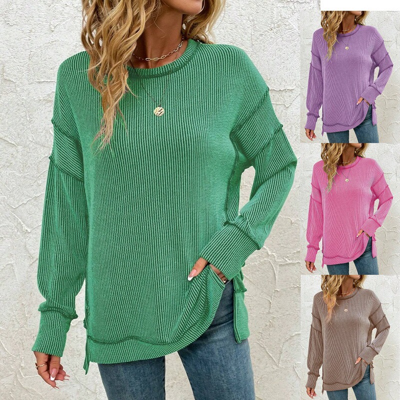2025 European and American Cross-Border Women's Clothing Amazon Autumn and Winter New Style Twist-Striped Slit Long-Sleeve Loose Sweatshirt 2025 European and American Cross-Border Women's Clothing Amazon Autumn and Winter New Style Twist-Striped Slit Long-Sleeve Loose Sweatshirt