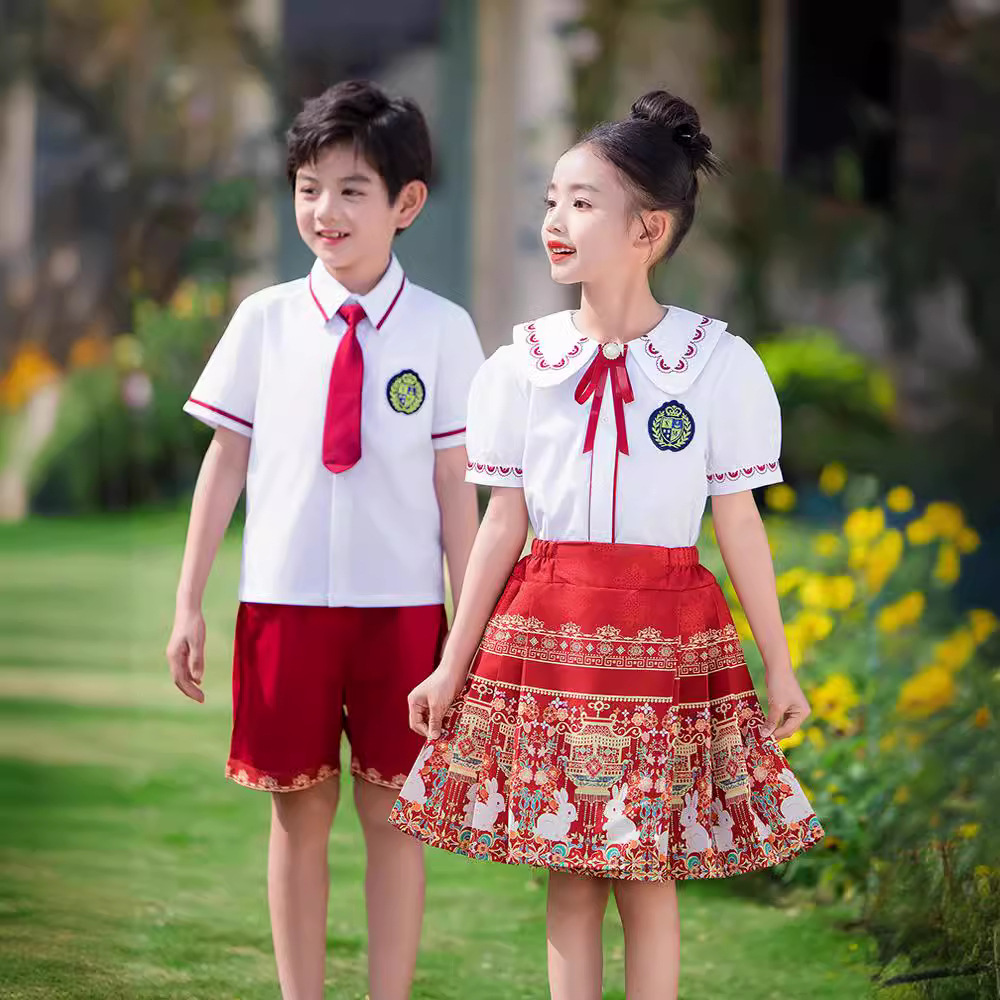 소녀를위한 말 얼굴 스커트 2024 세트 새로운 여름 고급 어린이 한푸 국가 스타일 공연 의류 학교 초등 및 중등 학생을위한 유니폼