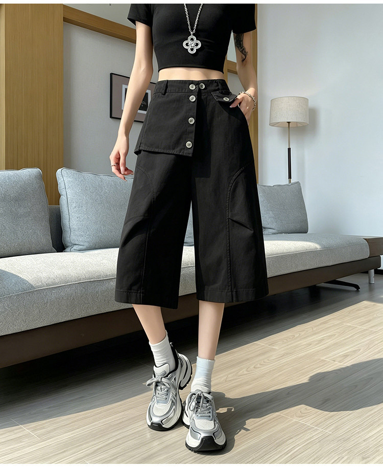 Quần culottes nữ ống rộng cạp cao dáng suông vải cotton — màu trắng chi tiết 30