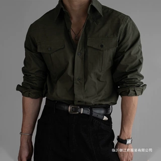美式复古感双口袋军绿色工装衬衫男长袖休闲衬衣外套潮黑色棉