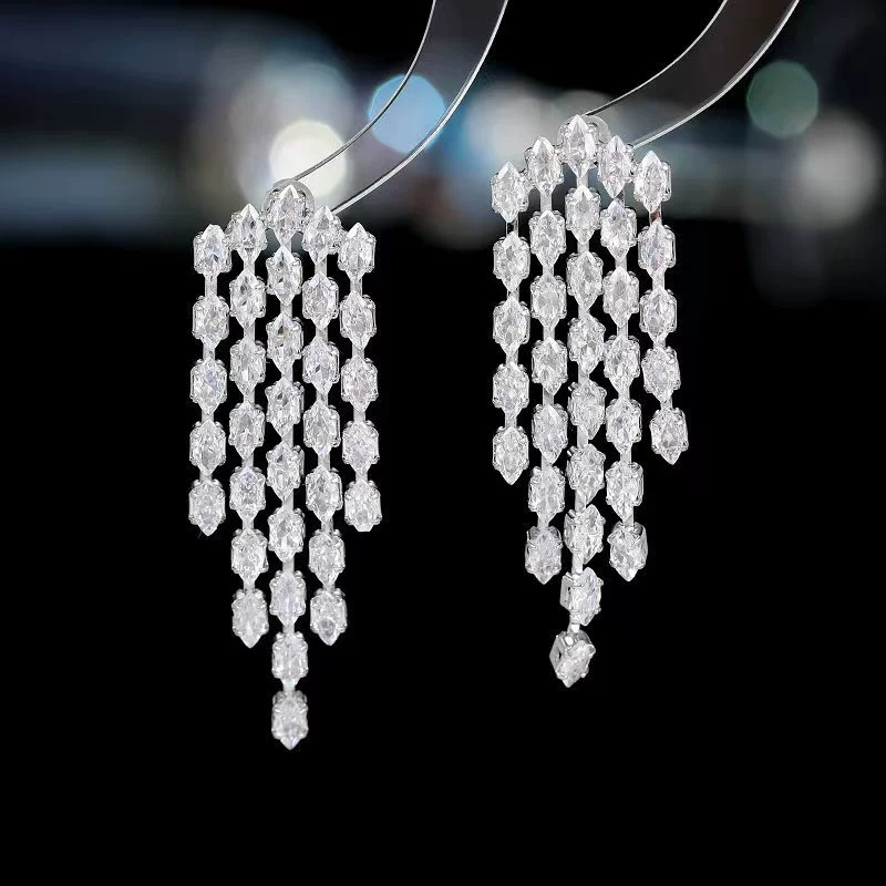 Серебряная игла, длинный дизайн цирконий с кисточками, модные элегантные серьги, высококачественный стиль, европейский стиль