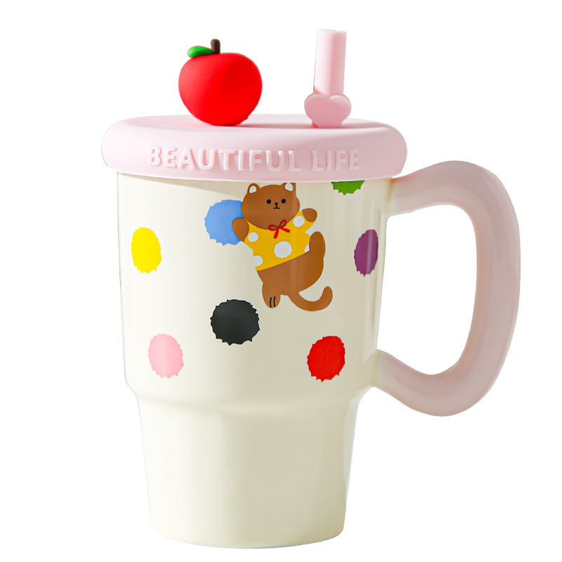 Taza de paja de manzana para niñas cumpleaños niña corazón gato taza de paja linda taza de cerámica con regalo de mano
