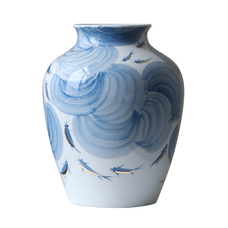 青と白の磁器の花瓶の装飾品、新しい中国風のセラミック卓上フラワーアレンジメント、水耕栽培の装飾品、書斎の棚、装飾的な花の装飾品|undefined