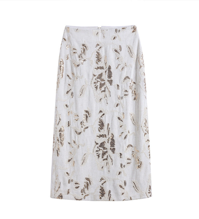 Chân váy linen nữ dáng suông dài vừa, thêu đính kim sa công phu, phong cách quý cô thanh lịch — Màu be chi tiết 1