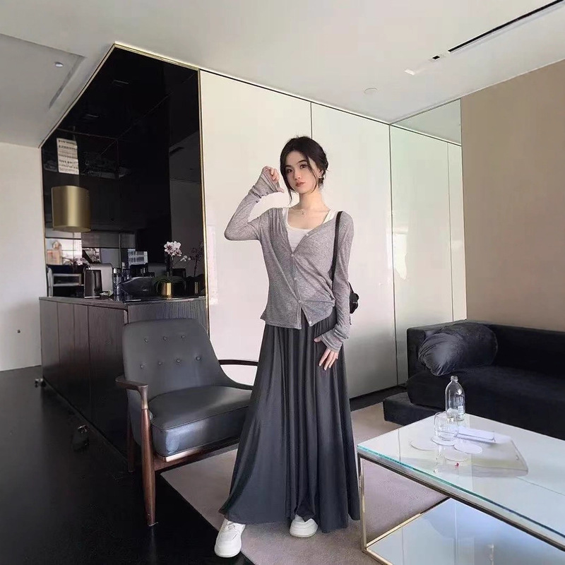 Modal Cardigan Jacket for Women, Summer V-Neck Long-Sleeve Thin Sun-Protective Air-Conditioning Shirt Outerwear with Camisole Skirt