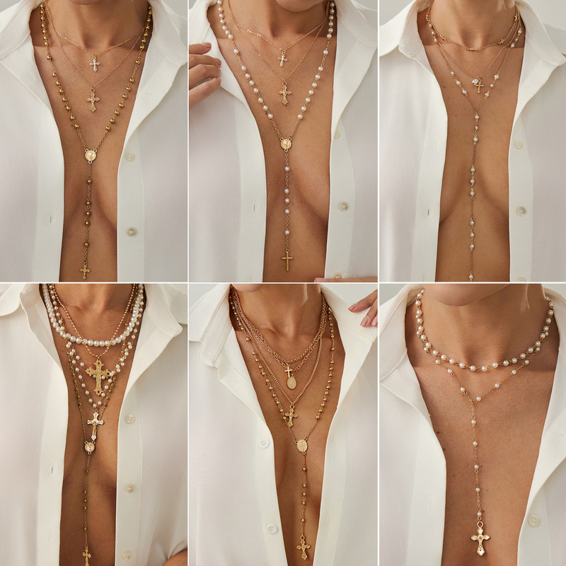 European and American Cross-border Jewelry Spice Cross Metal Pendant Necklace Elegant Pearl Beaded Y-shaped Clavicle Chain Multi-layer