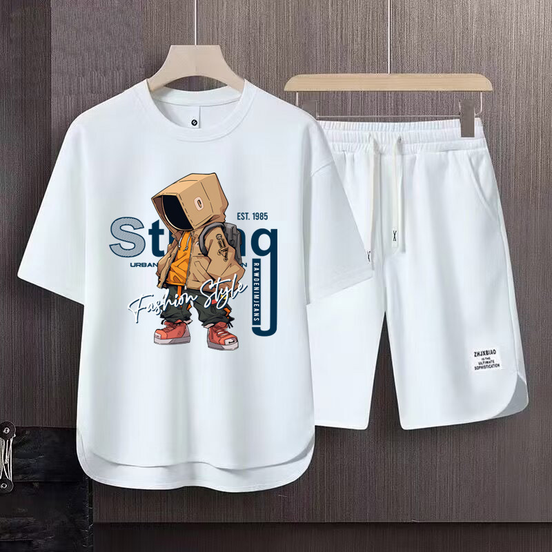 Men's Clothing 2024 Waffle Casual Summer Suit Men's Loose Teen Short sleeved T shirt Shorts Handsome Two piece Suit_mkmklike.com