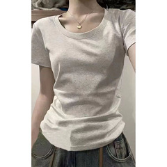 ピュアコットンアメリカンUネックショルダー半袖Tシャツレディース2025夏新作ベーシックインナーレイヤリングカレッジスタイルトップ