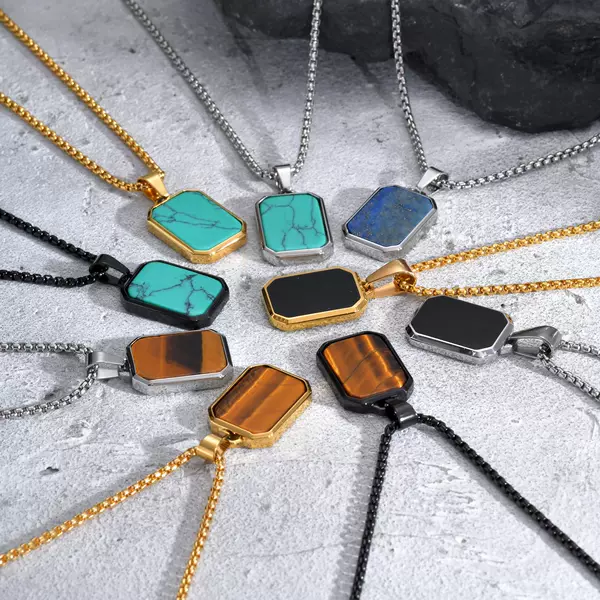 Jewelry Accessories Stainless Steel Geometric Rectangular Turquoise Natural Tiger Eye Stone Lapis Lazuli Pendant Necklace 1828