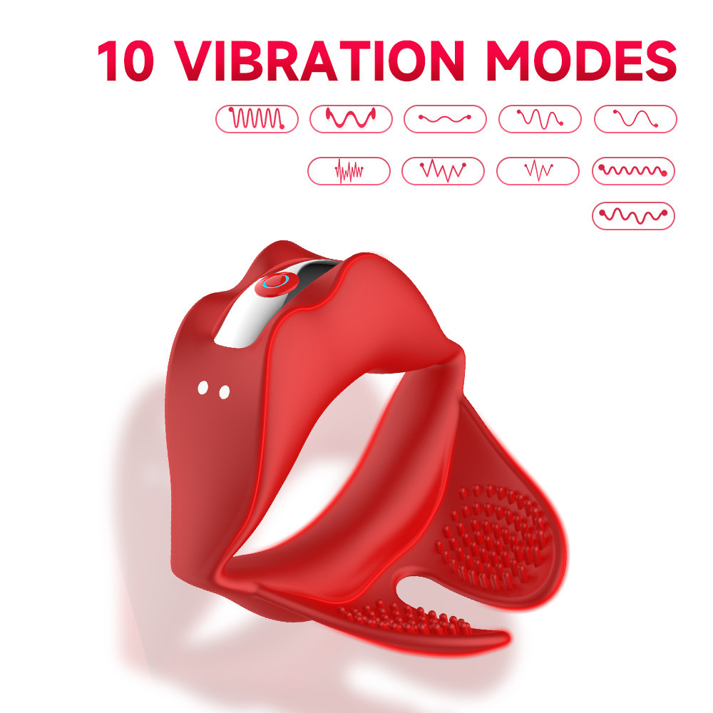 Red Lip Vibrating Lock Ring Silicone Cock Ring with Prostate and Testicle Vibration — detail image 5