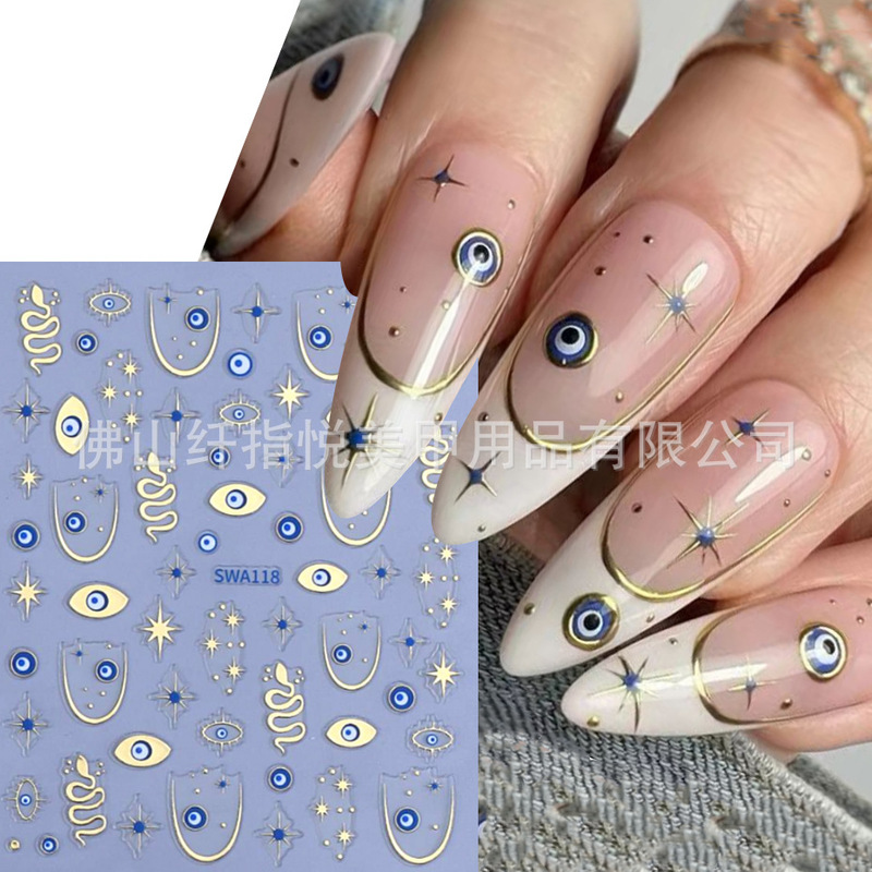 Cross-Border Hot Nail Art Stickers Wholesale Ins Hot Stamping French Eye Snake Pattern Starburst Wave Halloween Nail Decals