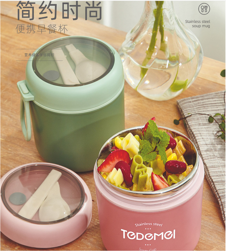 스푼으로 아침 식사 컵 휴대용 오트밀 그릇 죽 컵 학생 단열 304 스테인레스 스틸 우유 수프 컵 휴대용 컵 316