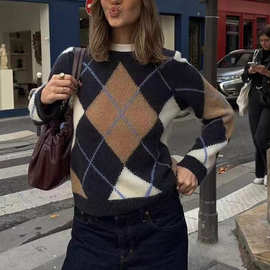 欧美批发2025冬季新款菱形格毛衣 圆领宽松针织上衣C7-A387图片色