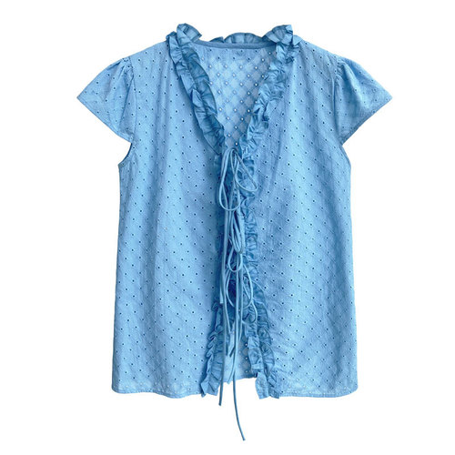 Lushi French Sweet Ruffled V-neck Short-sleeved Women's Summer New Lace Embroidery Tie-up Shirt Blouse 0842 