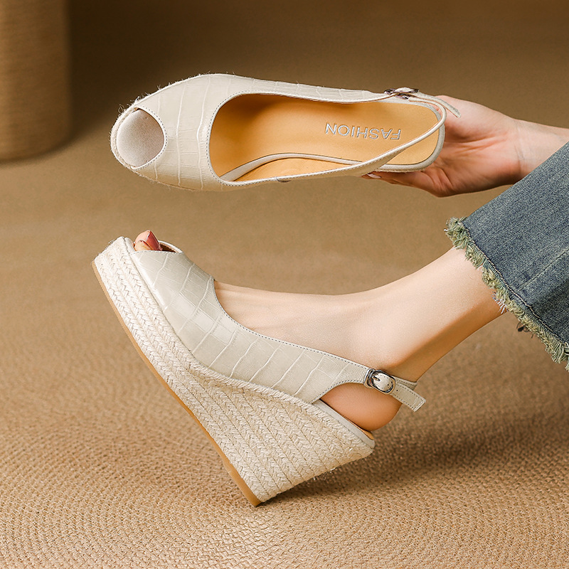Sandal cao gót nữ hở mũi quai ngang đế xuồng đan rơm — màu trắng ngà, màu vàng