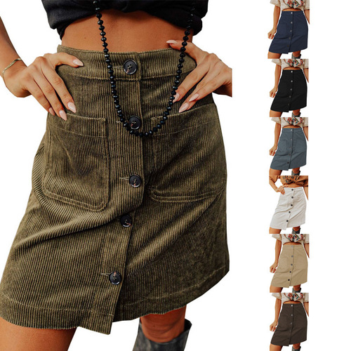 European and American New Autumn and Winter Corduroy Semi-Permanent Skirt High-Waisted Versatile Skirt Button Design Short Skirt