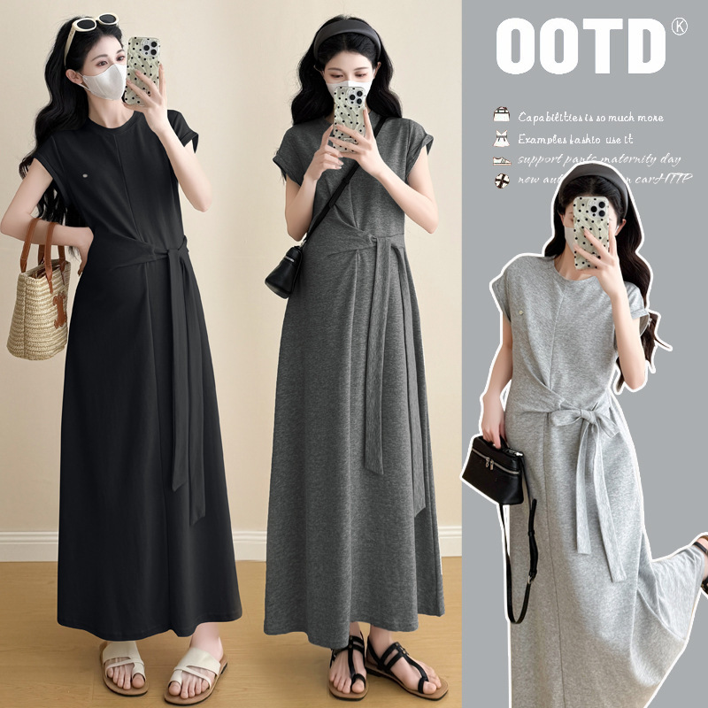 Maternity Summer Dress Trendy Mom New Fashion Tie-Up Short-Sleeve T-Shirt Top French-Style Long Skirt Stylish and Fashionable Maternity Summer Dress Trendy Mom New Fashion Tie-Up Short-Sleeve T-Shirt Top French-Style Long Skirt Stylish and Fashionable