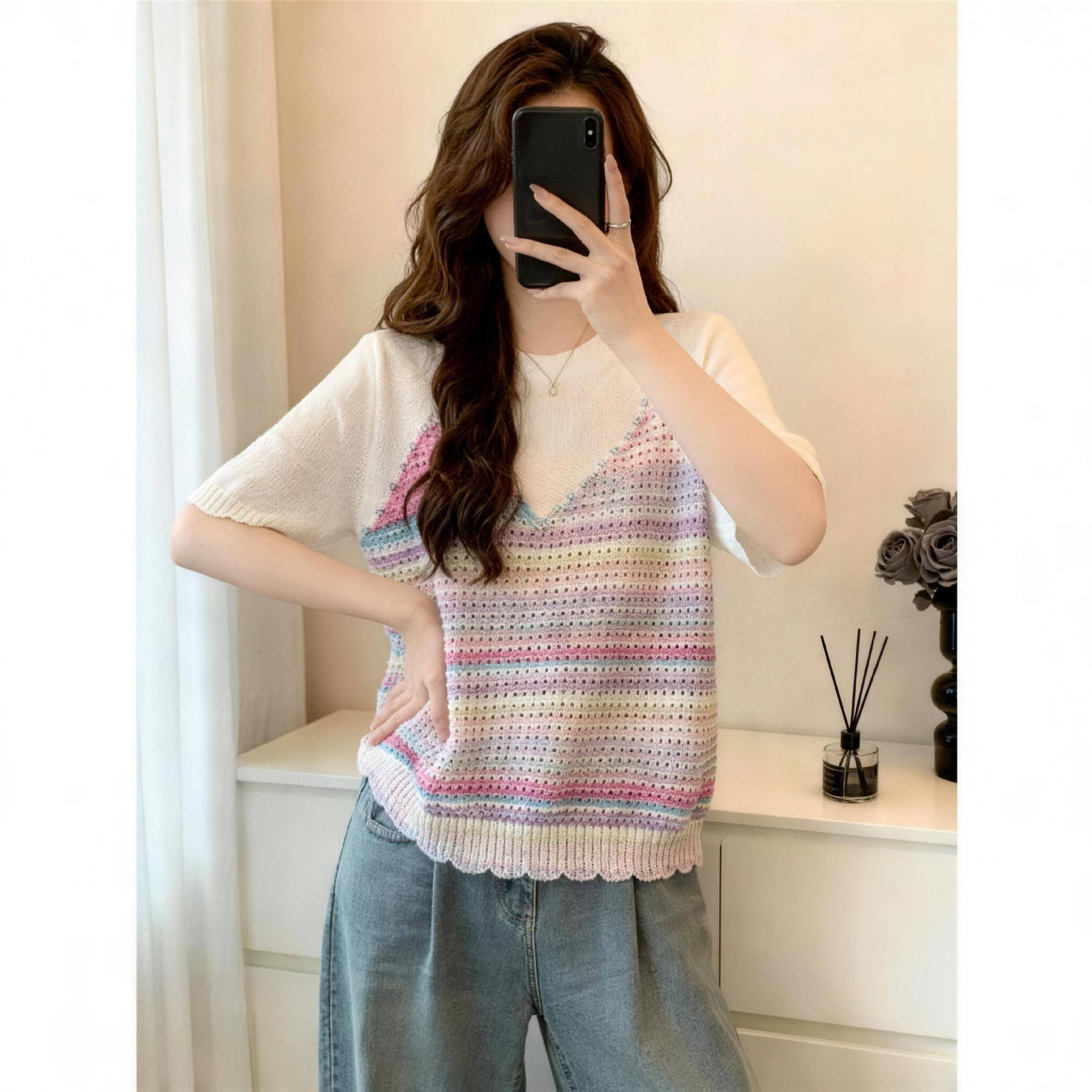 Áo thun nữ tay ngắn phối ren giả hai lớp dệt kim mềm mại — màu trắng chi tiết 1