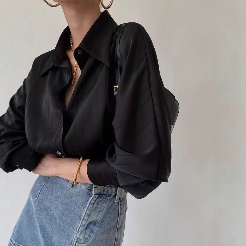 Acetate Satin Striped Black Shirt Women's Right Shoulder French Professional Draped Shirt Summer Layered Inner Top Acetate Satin Striped Black Shirt Women's Right Shoulder French Professional Draped Shirt Summer Layered Inner Top