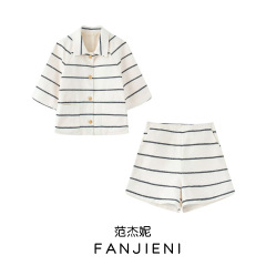 ZR外国貿易卸売り欧米風女装新型夏ファッションストライプ小香風半袖半ズボンセット