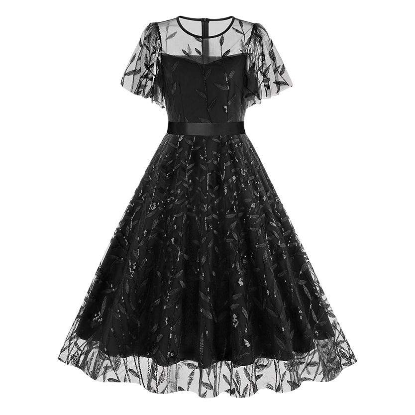 Amazon European and American cross-border round neck mesh waist belt dress retro dress LP8711