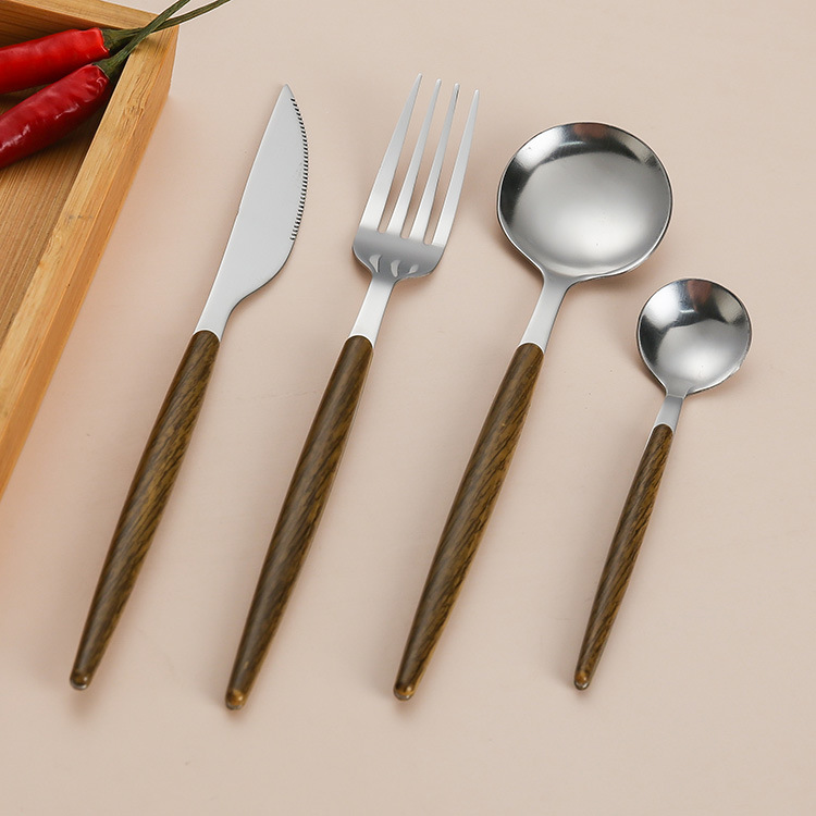 Cross-Border Stainless Steel Knife, Fork and Spoon Tableware Set Japanese Imitation Wooden Handle Western Tableware Steak Knife and Fork Dessert Spoon Fork