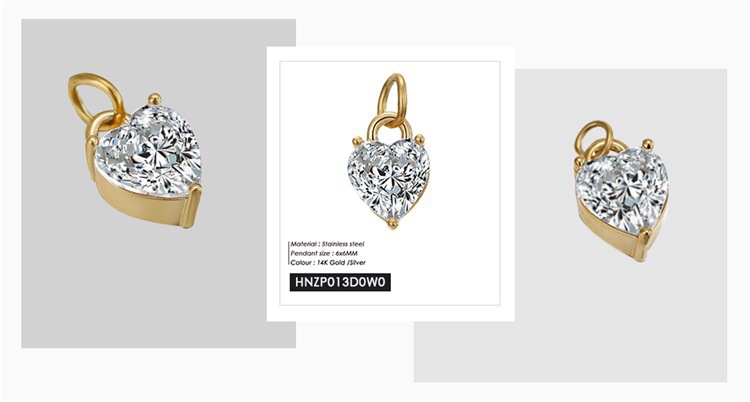 5g Weight Pendant Jewelry Making Type 1 Piece 316 Stainless Steel  Zircon 14K Gold Plated Heart Shape Pendant