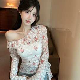 有配抹胸纯欲风高级设计感长袖衬衫女春夏一字肩露肩荷叶边打底衫