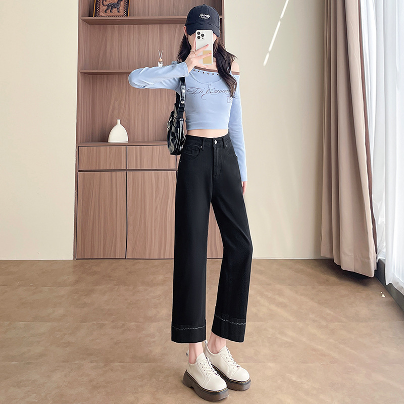 九分直筒裤女秋季新款小个子梨型身材高腰牛仔裤弹力显瘦黑色裤子|undefined