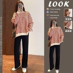 小柄な妊婦服セット秋冬カジュアルストライプ長袖上着がゆったりしています。