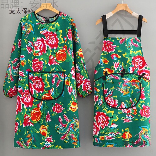 New Northeast big flower long-sleeved apron kitchen cooking anti-pollution household work clothes ethnic style cover Mai Taibao